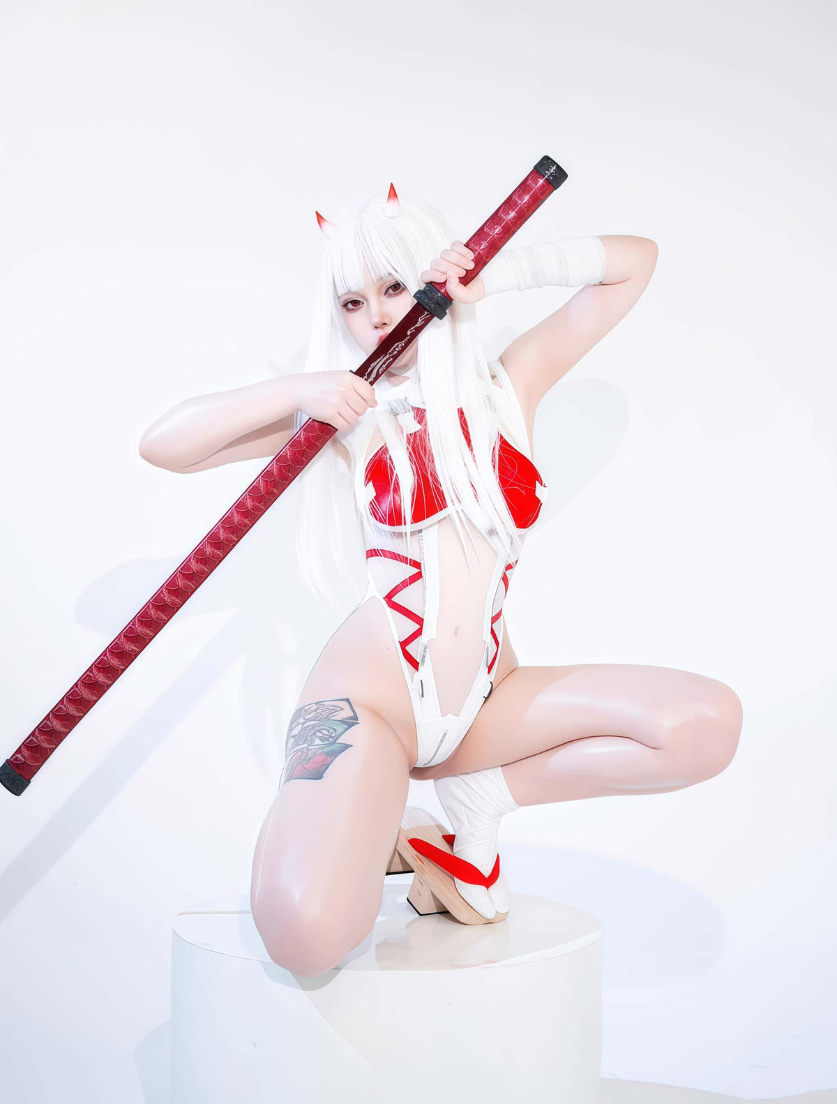 Tactical Anime Girl PU Leather Sheer Mesh Sexy Cosplay Bodysuit Costume White-6