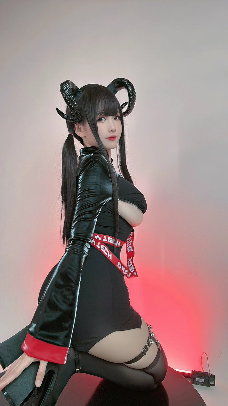 Anime Style Black and White Witch Spandex PU Leather Short Dress with Bust Zipper-8