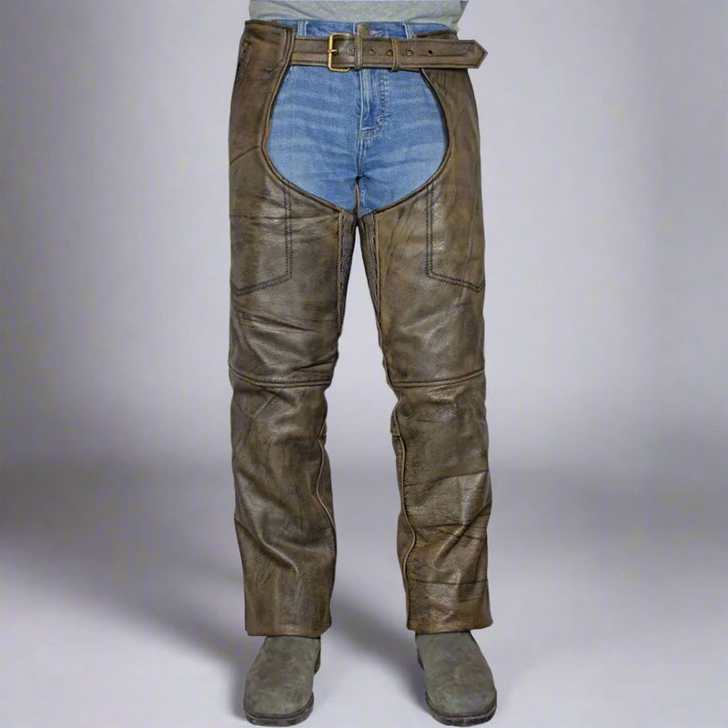 Open Road Men's Distressed Brown 4 Pocket Premium Leather Chaps-2
