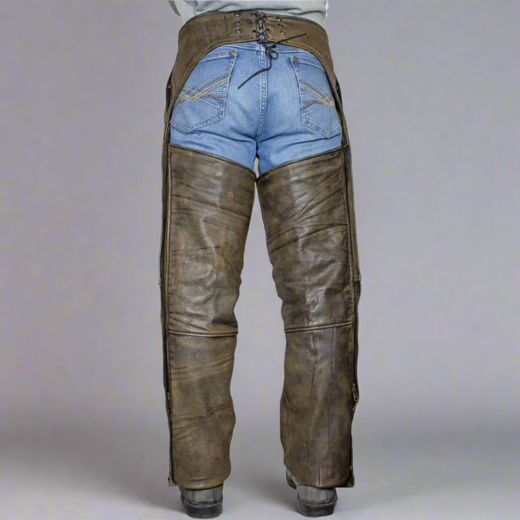 Open Road Men's Distressed Brown 4 Pocket Premium Leather Chaps-3