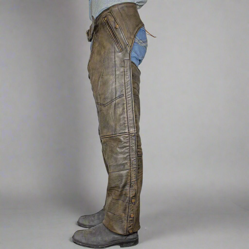 Open Road Men's Distressed Brown 4 Pocket Premium Leather Chaps-4