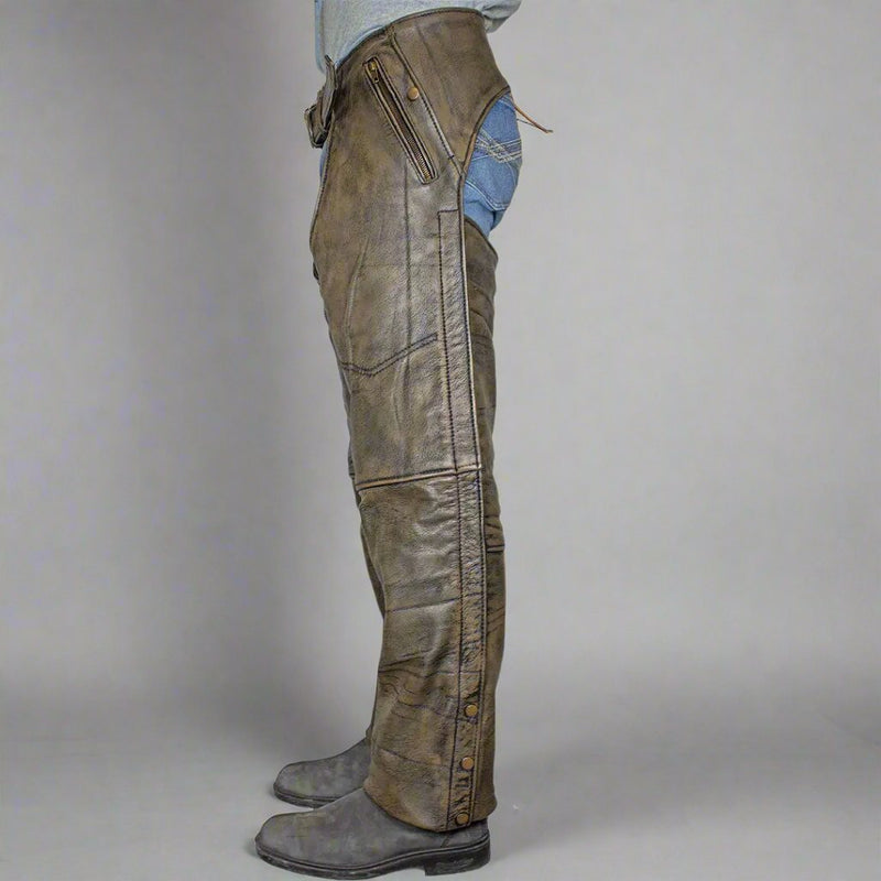 Open Road Men's Distressed Brown 4 Pocket Premium Leather Chaps-4