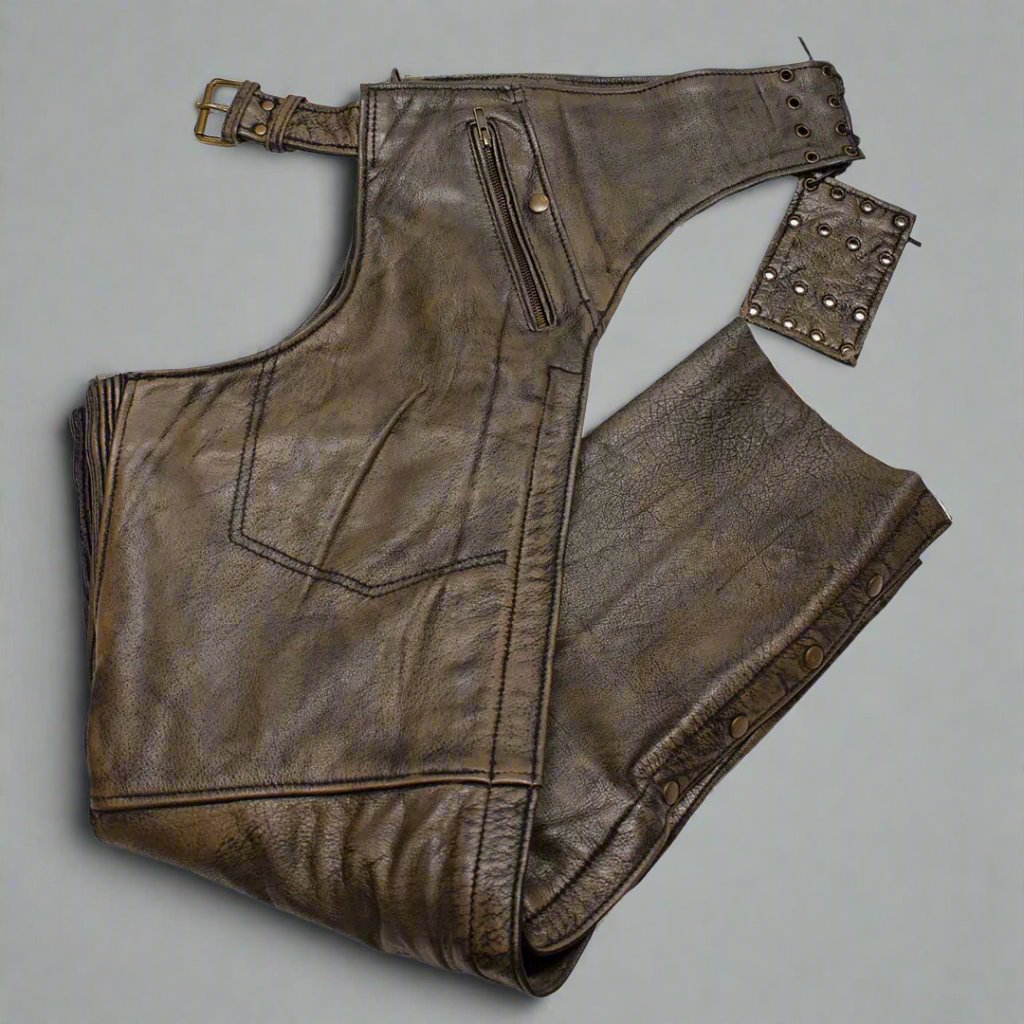 Open Road Men's Distressed Brown 4 Pocket Premium Leather Chaps-6