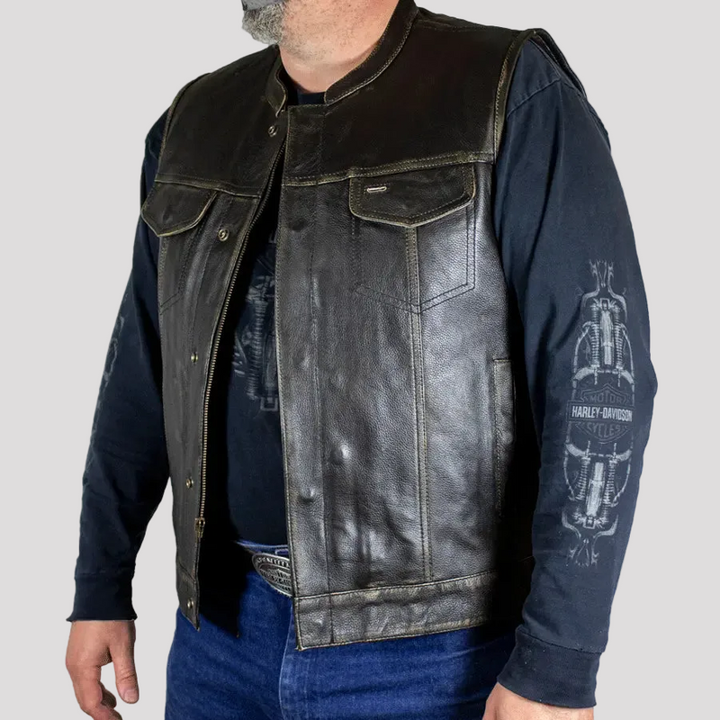 Open Road Men's Distressed Leather Club Vest | Premium Cowhide Riding Vest-2