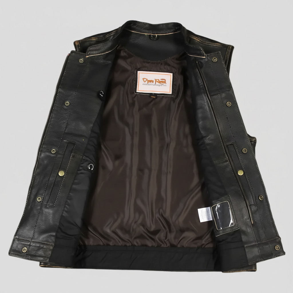 Open Road Men's Distressed Leather Club Vest | Premium Cowhide Riding Vest-6