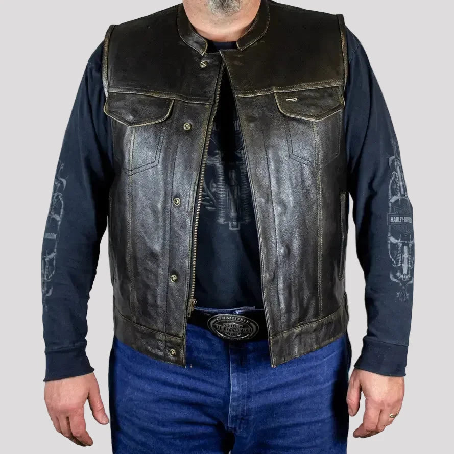 Open Road Men's Distressed Leather Club Vest | Premium Cowhide Riding Vest-1