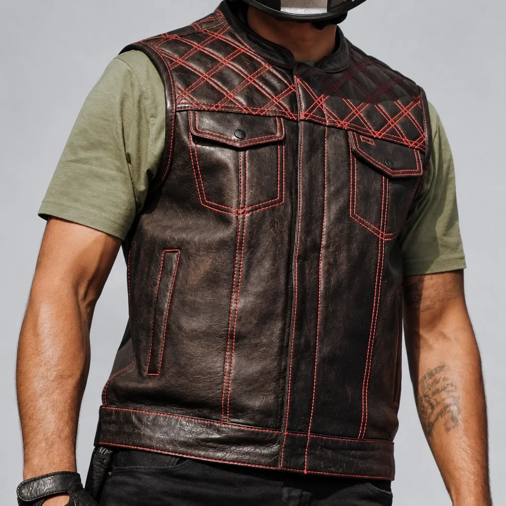 Open Road Men's Upside Leather Vest with Stitched Diamonds-1