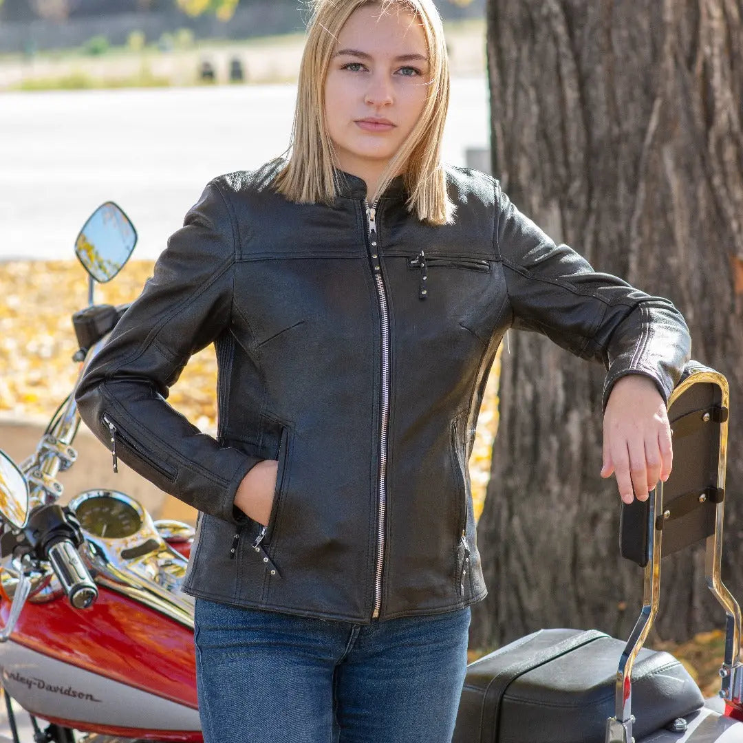 Open Road Women's Racer Leather Motorcycle Jacket-1