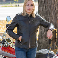 Open Road Women's Racer Leather Motorcycle Jacket-1
