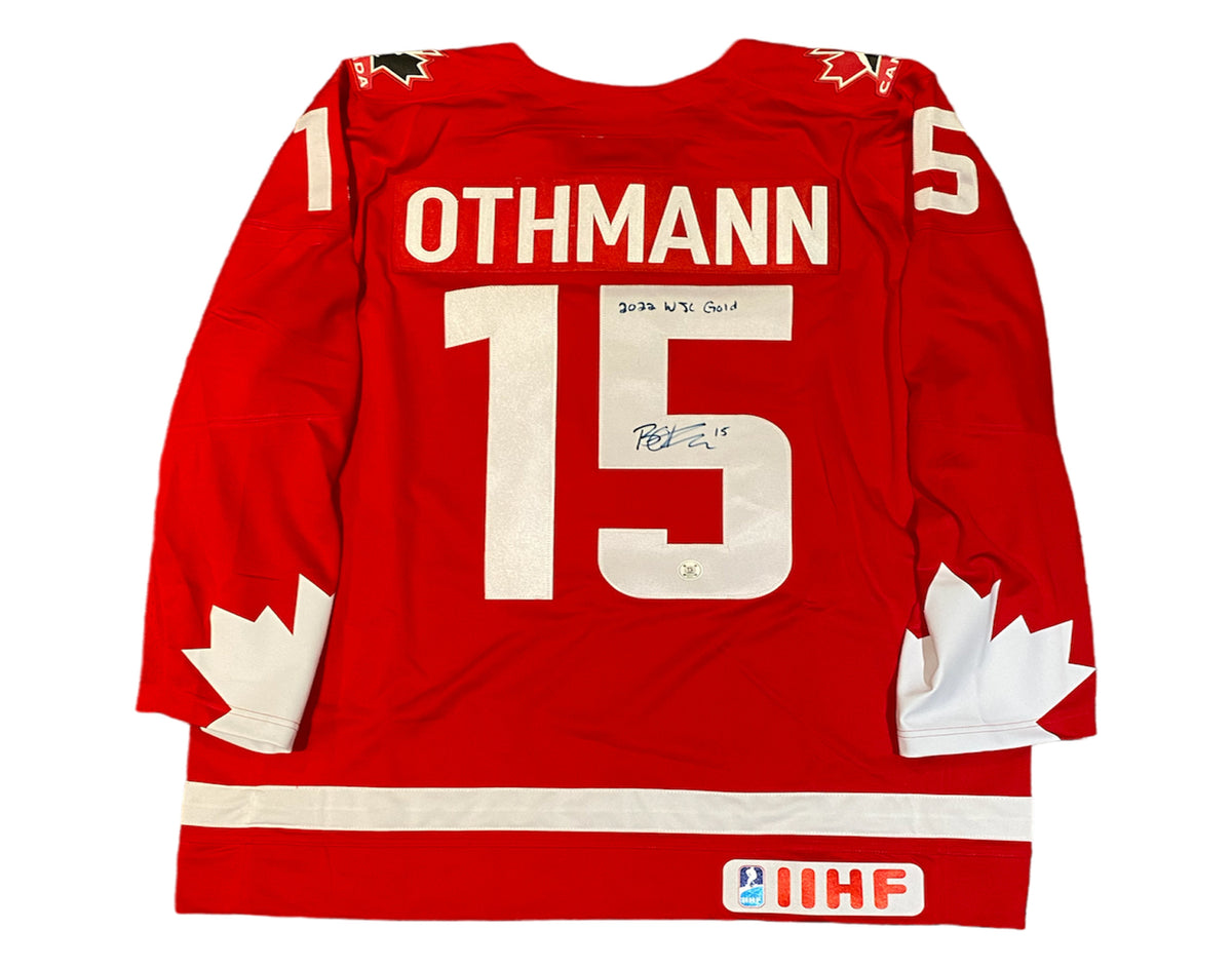 Jersey Nike Heritage Red de Team Canada autografiado por Brennan Othmann e inscrito con "2022 WJC Gold"-1