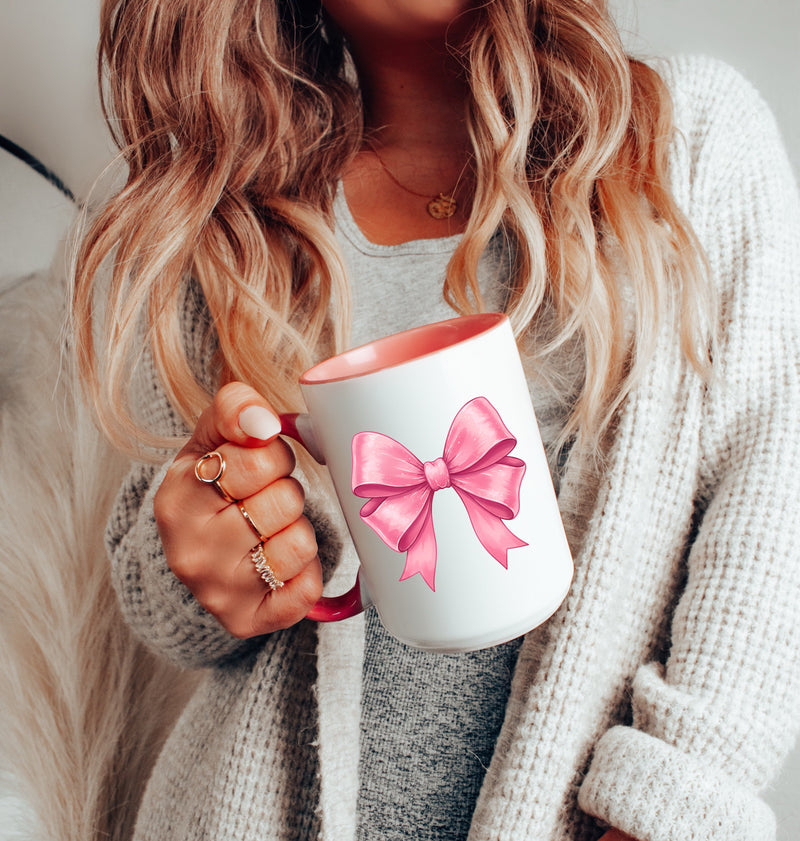Pink Bow 15oz Ceramic Coffee Mug — Cute Coquette Bow Mug, Feminine Coffee Cup, Girly Gift Idea-1