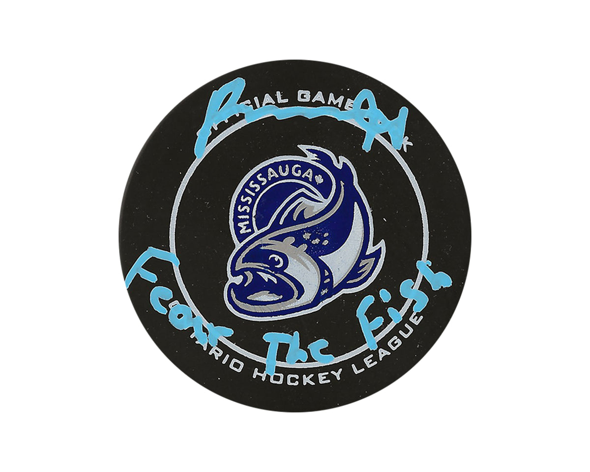 Porter Martone Autographed Mississauga Steelheads Official Game Puck Inscribed "Fear The Fish"-1