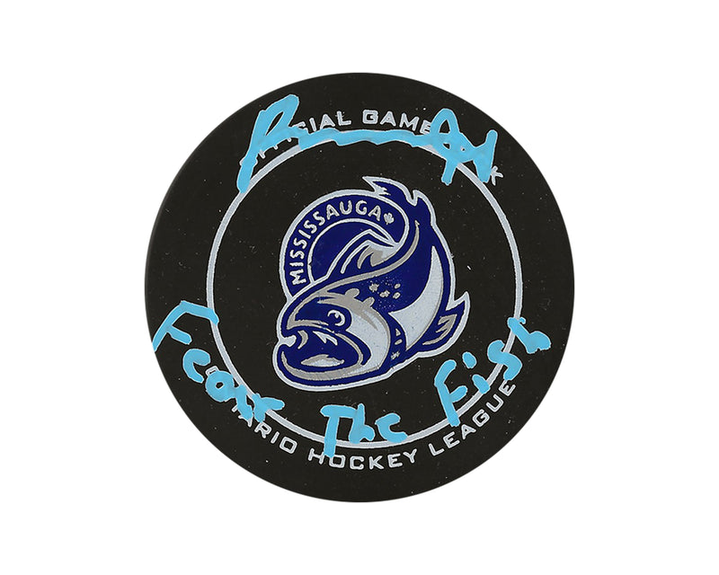 Porter Martone Autographed Mississauga Steelheads Official Game Puck Inscribed "Fear The Fish"-1