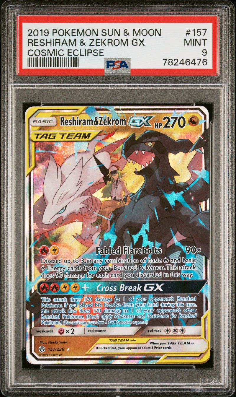 PSA 9 2019 POKEMON SUN & MOON COSMIC ECLIPSE#157 RESHIRAM & ZEKROM GX-1
