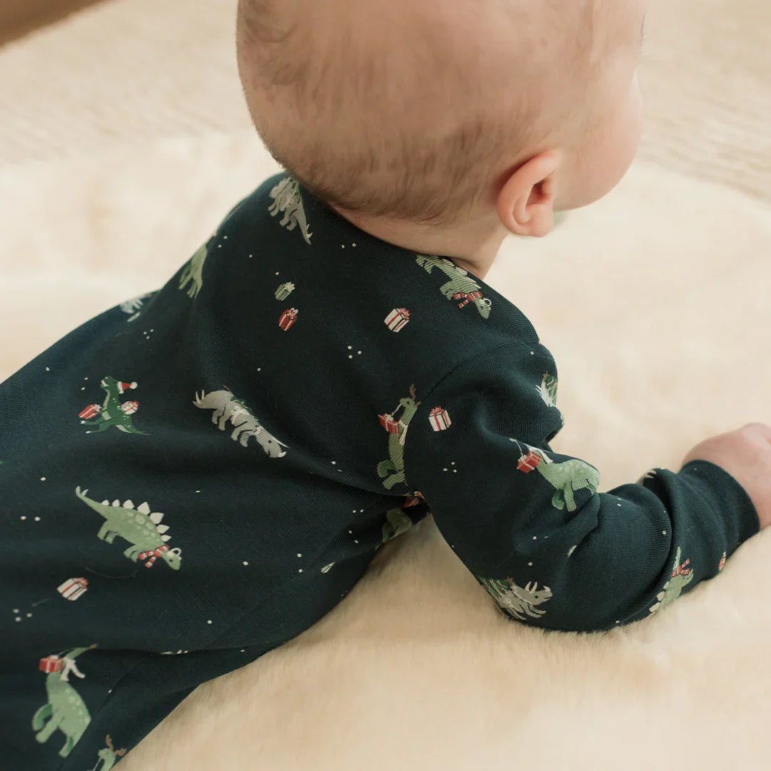 Footed Sleeper | Holiday Dinosaur Print on Navy | Petit Lem-3