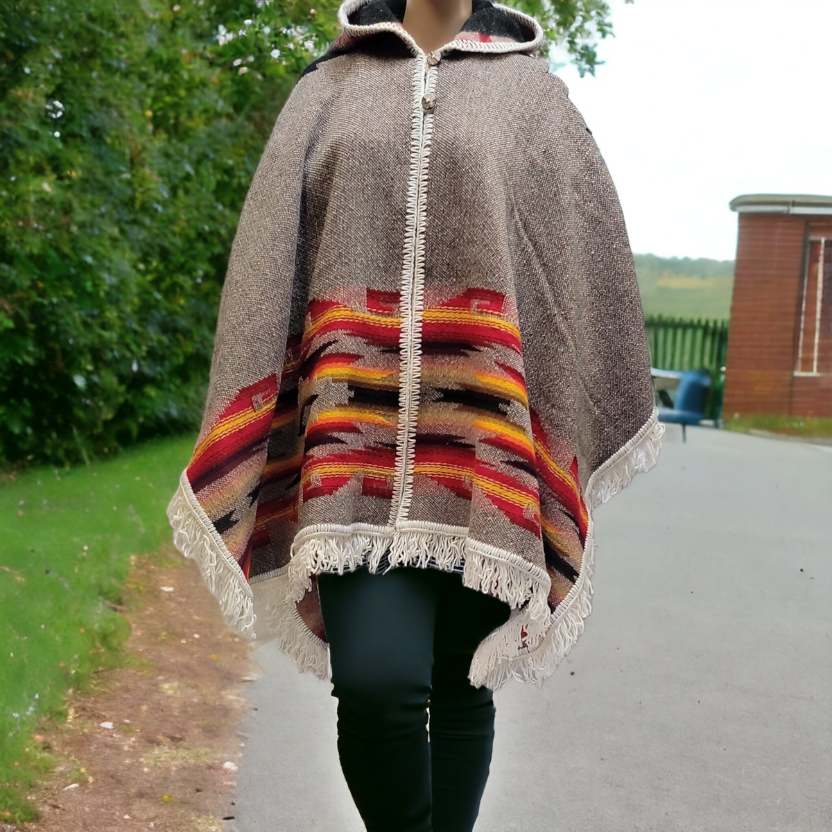 Ladies grey llama wool poncho with red and yellow border-1