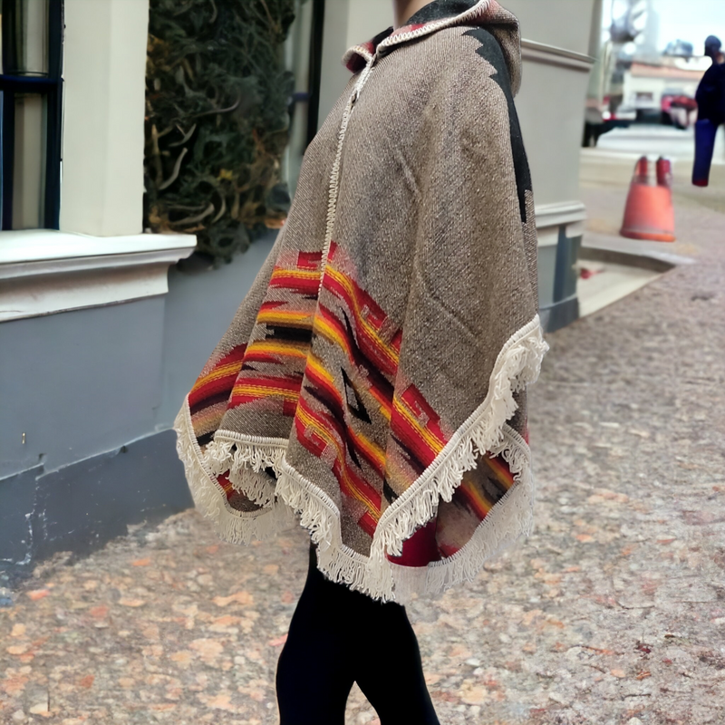 Ladies grey llama wool poncho with red and yellow border-2