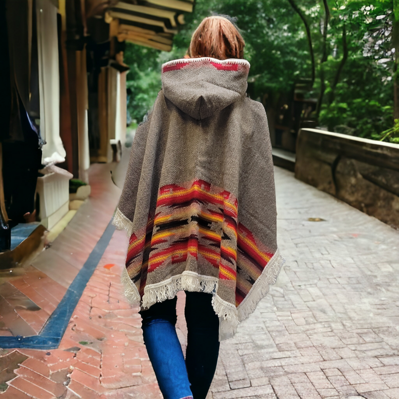 Ladies grey llama wool poncho with red and yellow border-3