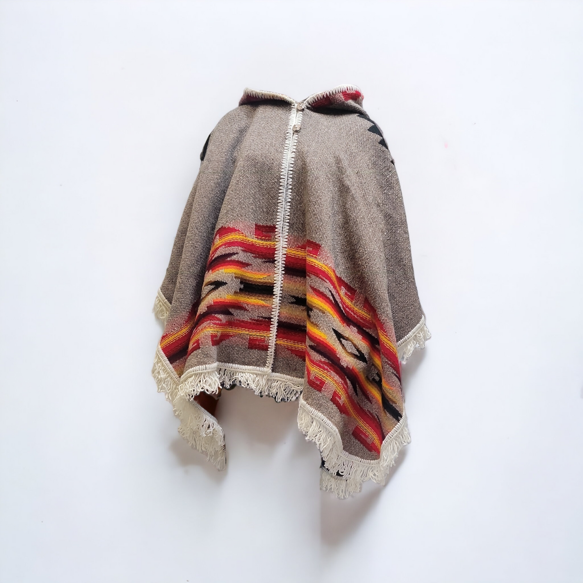 Ladies grey llama wool poncho with red and yellow border-4