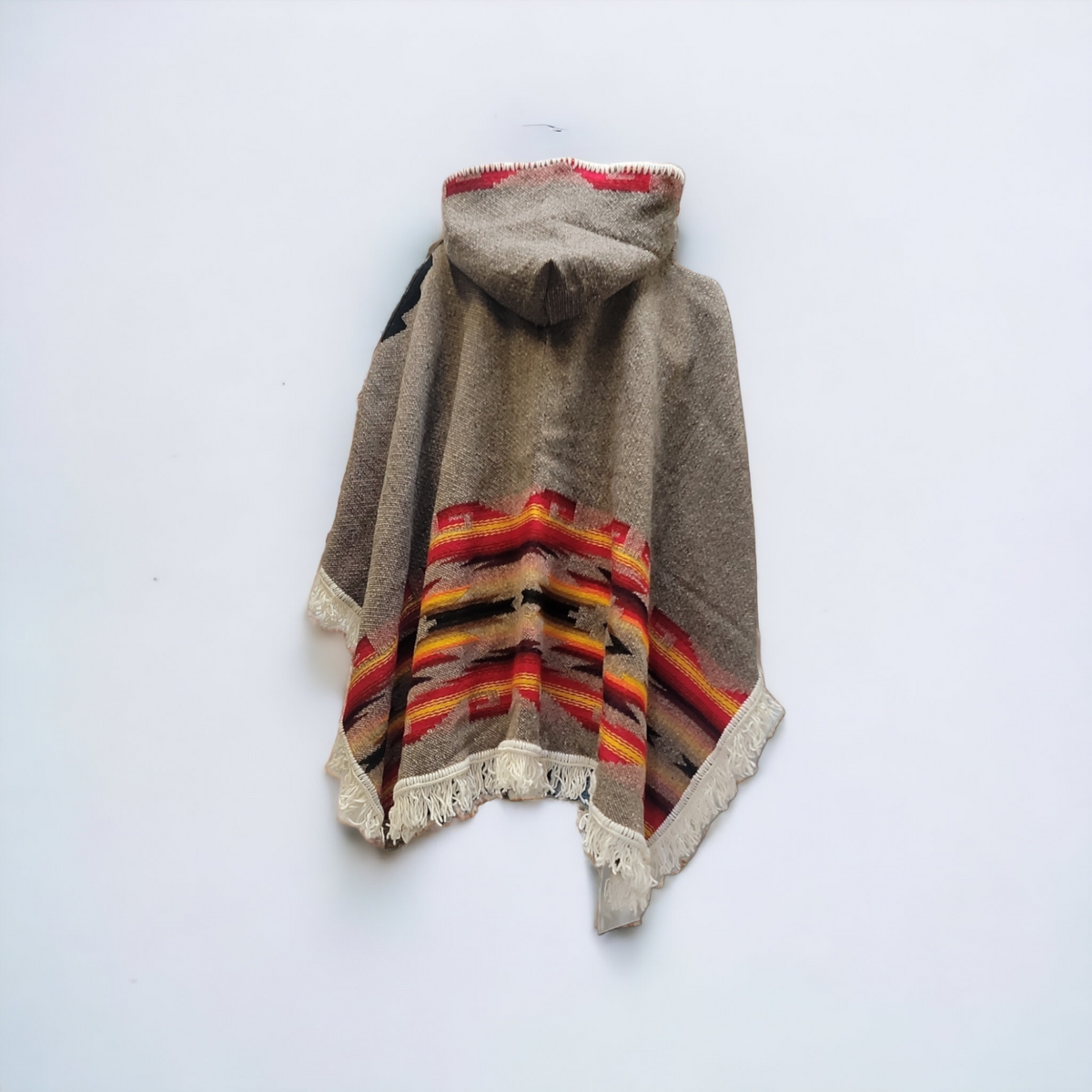 Ladies grey llama wool poncho with red and yellow border-5