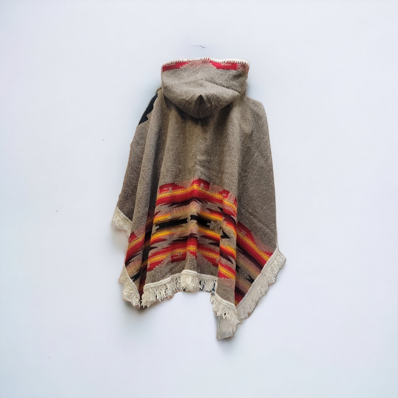 Ladies grey llama wool poncho with red and yellow border-5