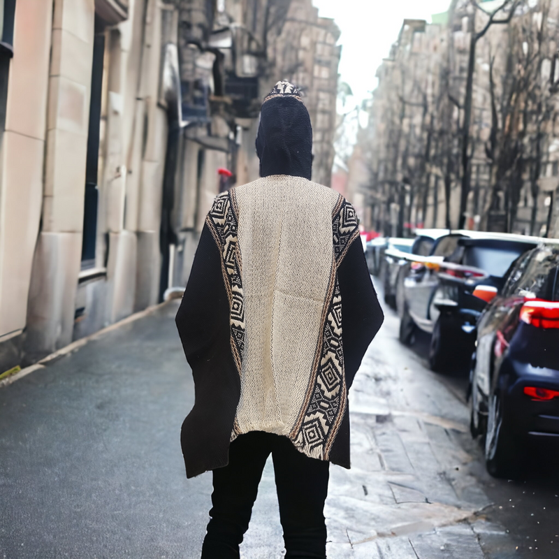 Men's indigenous Black and White fair trade poncho-2
