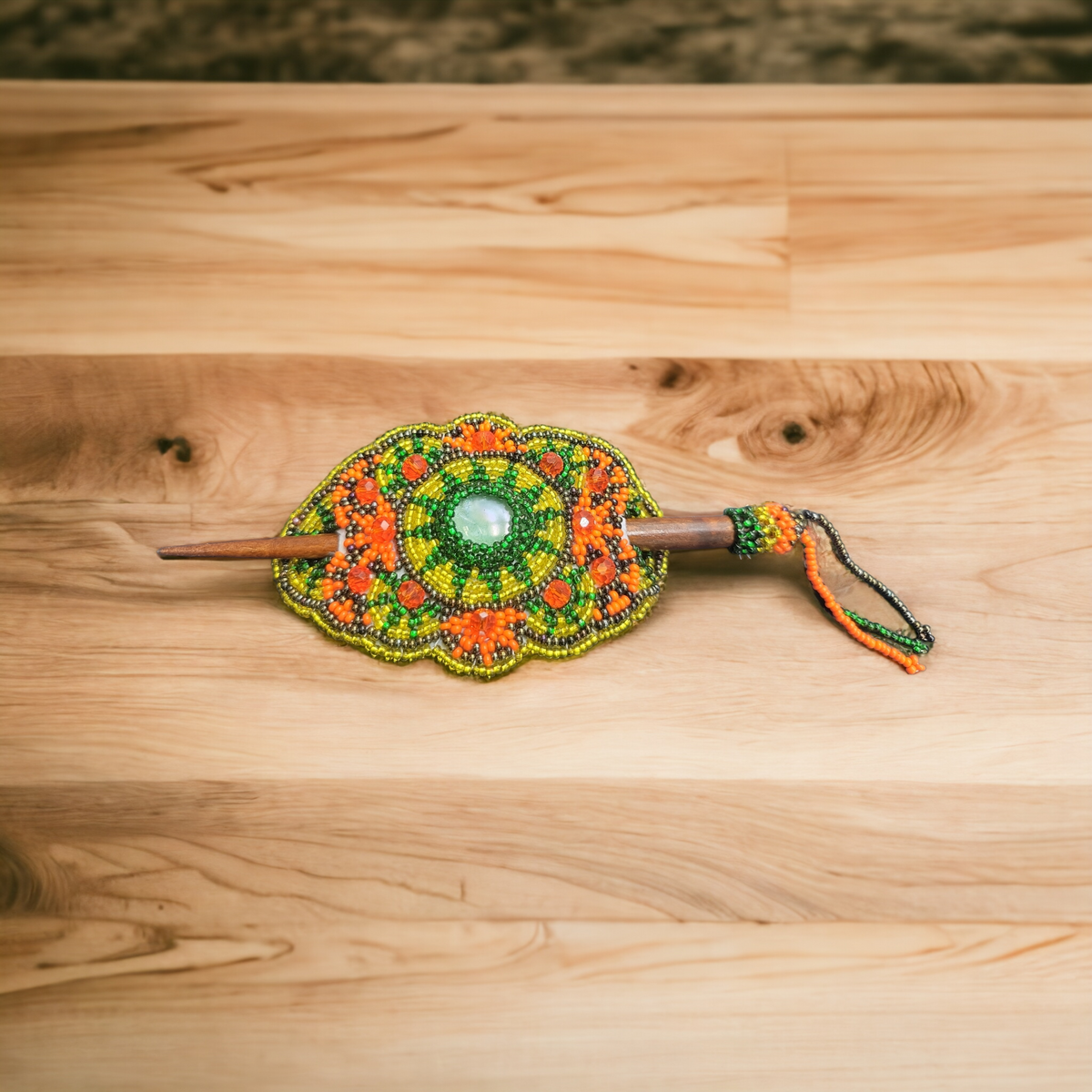 Native American Style Barrette Orange and Green accent