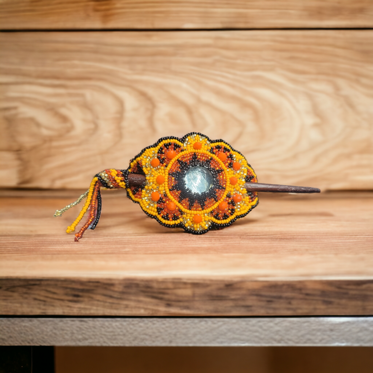 Native American Style Barrette Orange and Black accent-4
