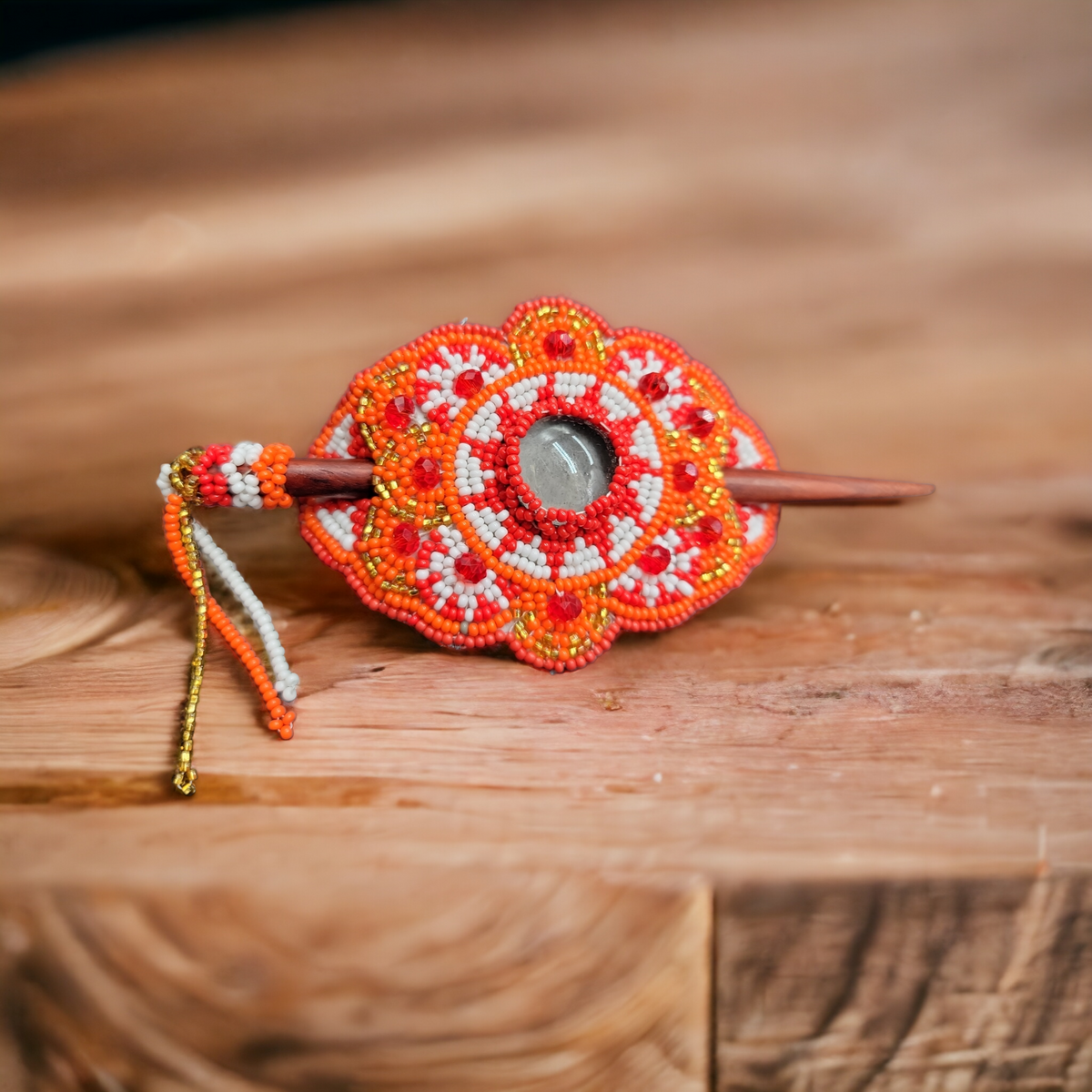 Native American Style Barrette Orange and Red accent-2