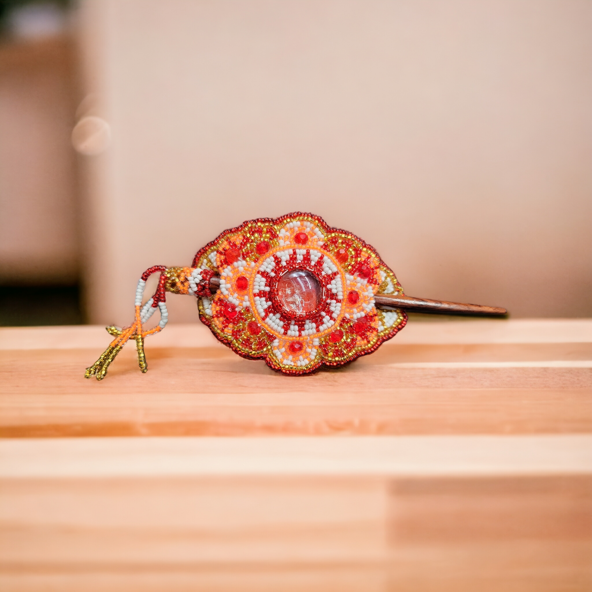 Native American Style Barrette Orange and Red accent-1