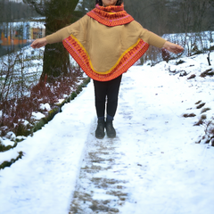 Light Brown poncho with sleeves is knit of alpaca fibers #0028-1