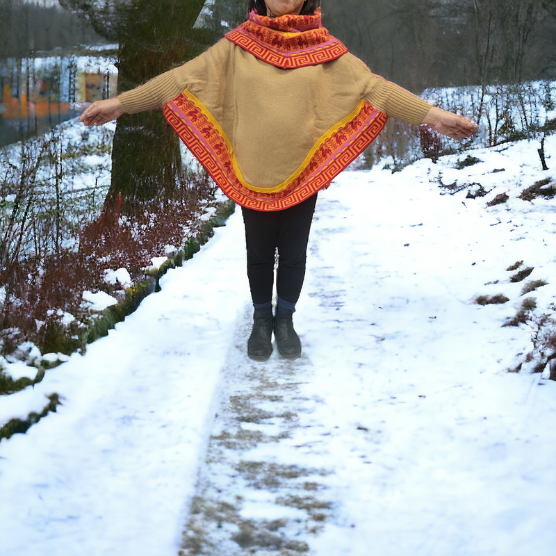 Light Brown poncho with sleeves is knit of alpaca fibers #0028-1