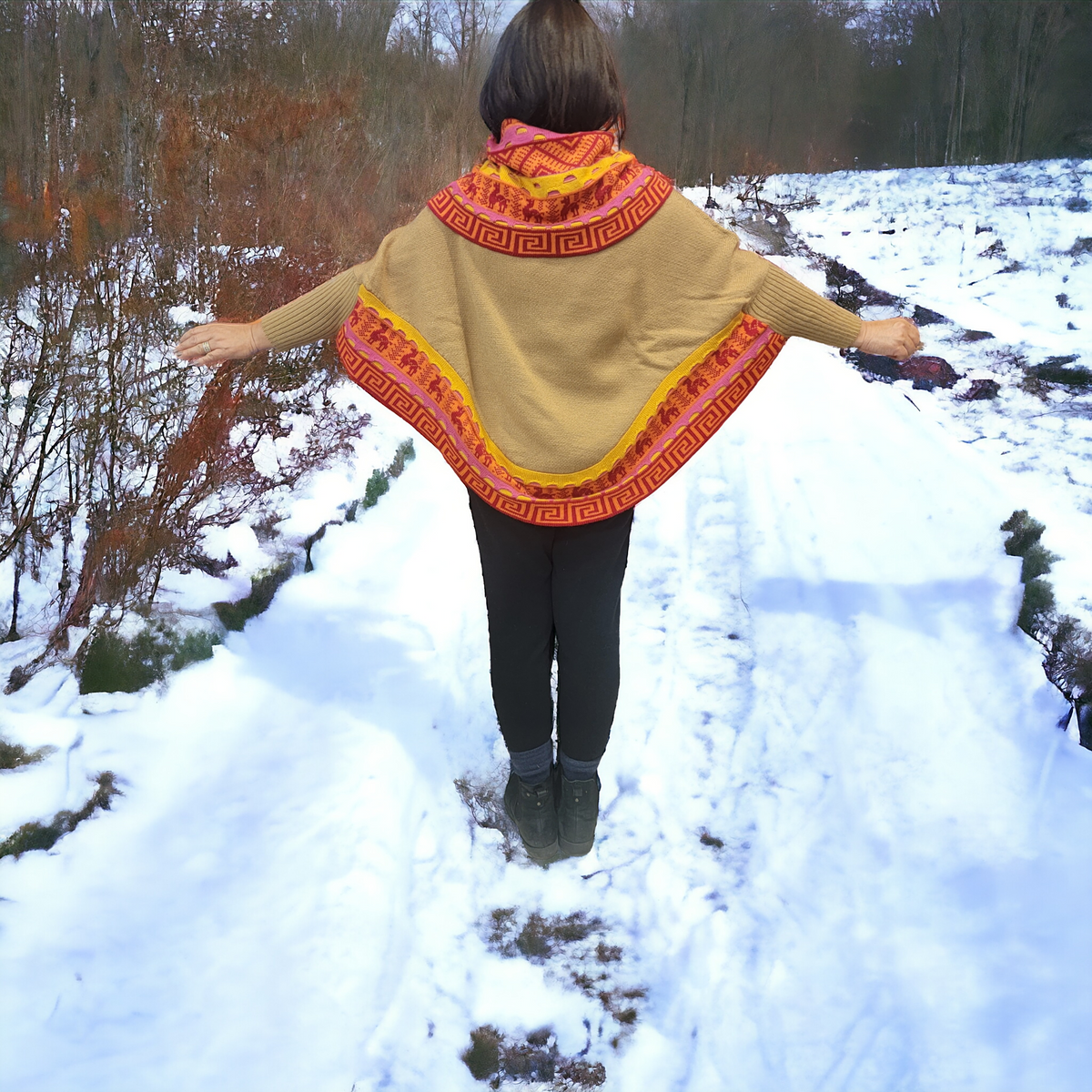 Light Brown poncho with sleeves is knit of alpaca fibers #0028-2
