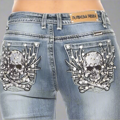 Platinum Plush Women's Rhinestone Skull & Bones Bootcut Jeans-4