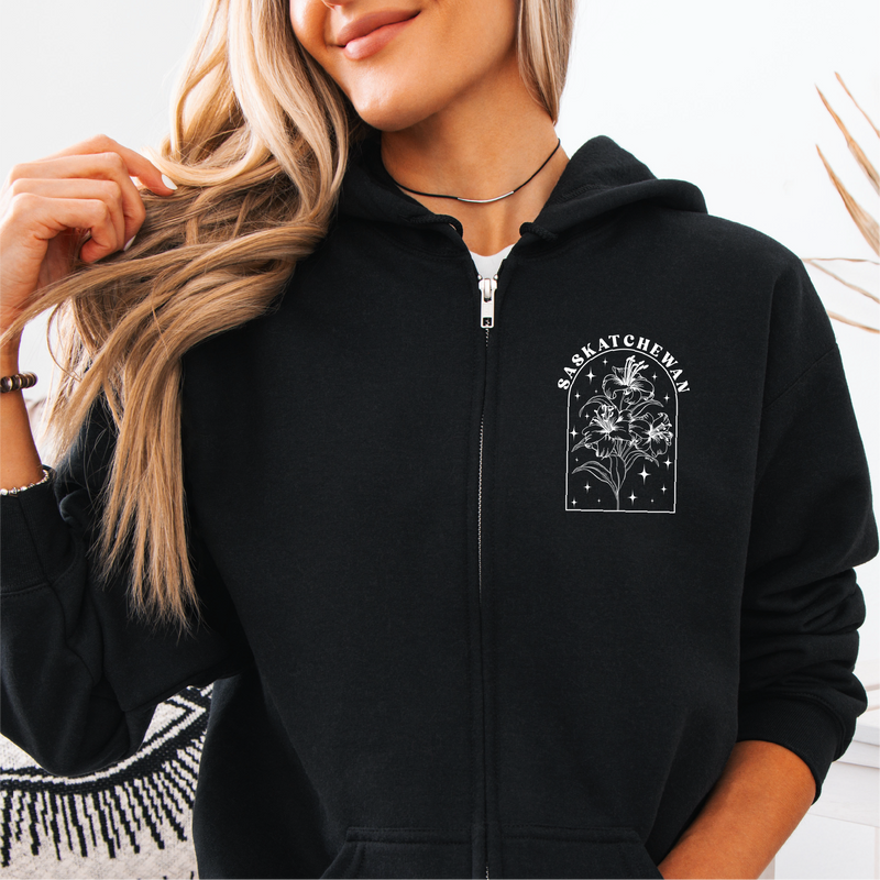 Prairie Lily Line Art Unisex Zip Up | Saskatchewan Apparel-1