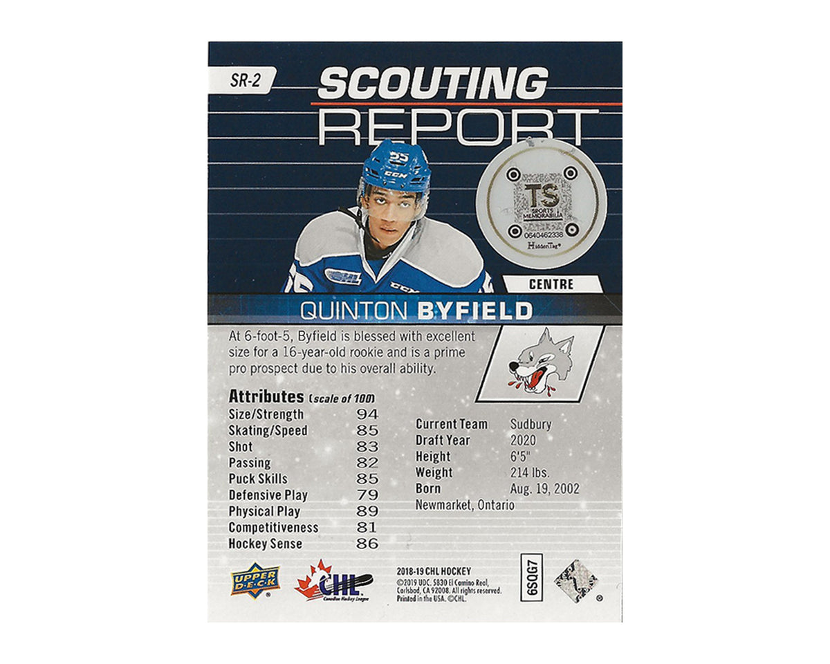 Quinton Byfield Autographed 2018-19 Upper Deck CHL Scouting Report #SR-2 Hockey Card-2