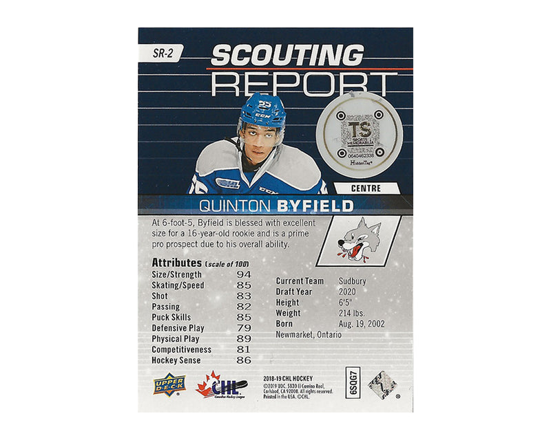 Quinton Byfield Autographed 2018-19 Upper Deck CHL Scouting Report #SR-2 Hockey Card-2