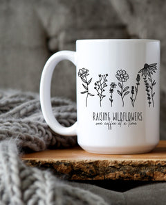 Raising Wildflowers Mug | 15oz Floral Mom Coffee Mug | Motherhood Gift | Boho Mom Mug | Nature Inspired Cup-1