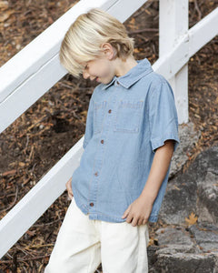 Denim Short Sleeve Overshirt | Washed  Blue | Rylee & Cru-3