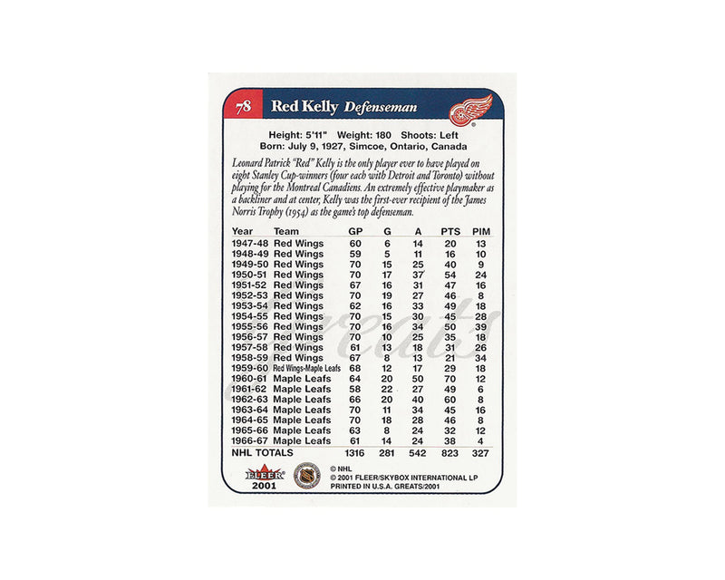 Red Kelly Autographed 2001 Fleer Greats of the Game #78 Hockey Card Inscribed "HOF-69"-2
