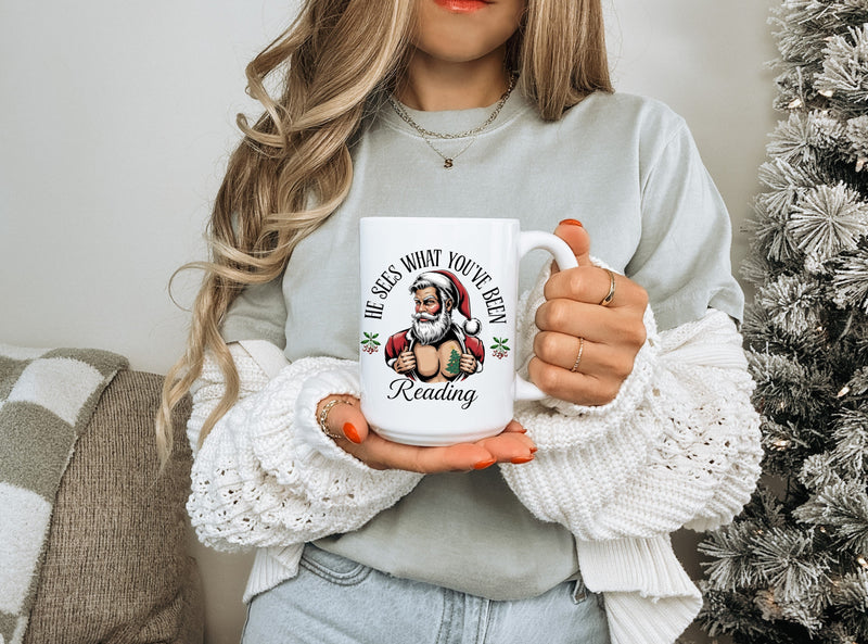Santa sees what you've been reading | 15oz Ceramic Coffee Mug-1