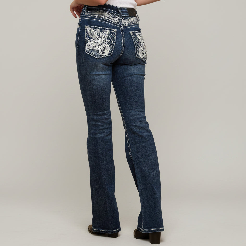 Skull Rider Women’s Bootcut Motorcycle Bling Jeans. High Waisted Embroidered Western Denim-6