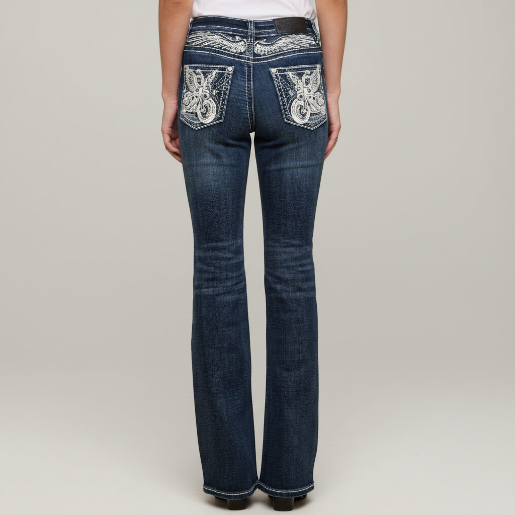 Skull Rider Women’s Bootcut Motorcycle Bling Jeans. High Waisted Embroidered Western Denim-1
