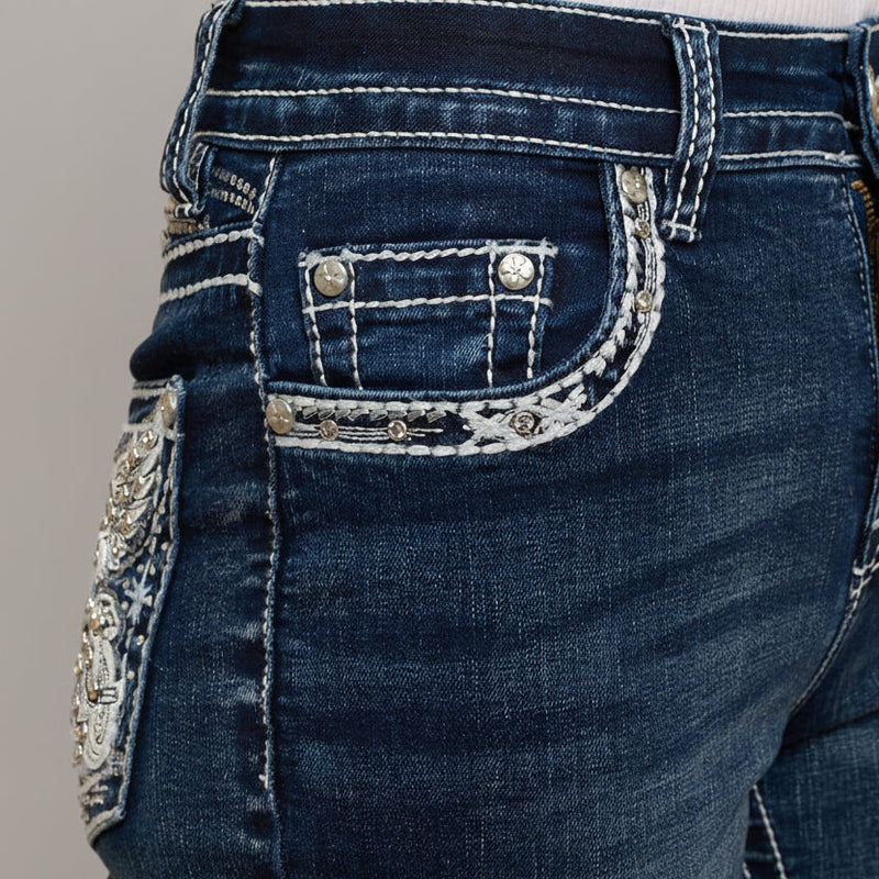 Skull Rider Women’s Bootcut Motorcycle Bling Jeans. High Waisted Embroidered Western Denim-3