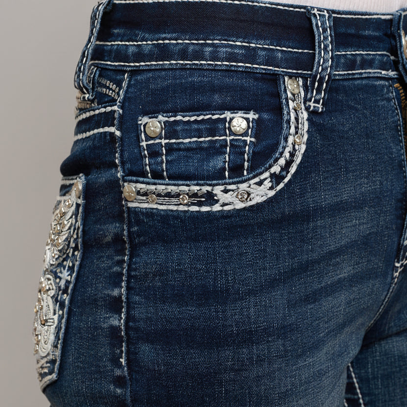 Skull Rider Women’s Bootcut Motorcycle Bling Jeans. High Waisted Embroidered Western Denim-3