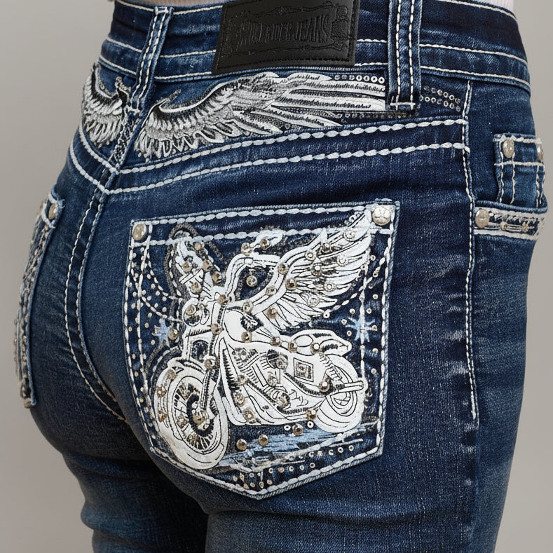 Skull Rider Women’s Bootcut Motorcycle Bling Jeans. High Waisted Embroidered Western Denim-4