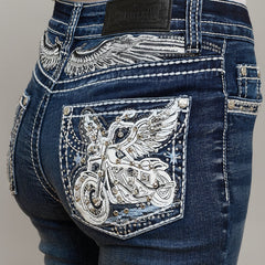 Skull Rider Women’s Bootcut Motorcycle Bling Jeans. High Waisted Embroidered Western Denim-4