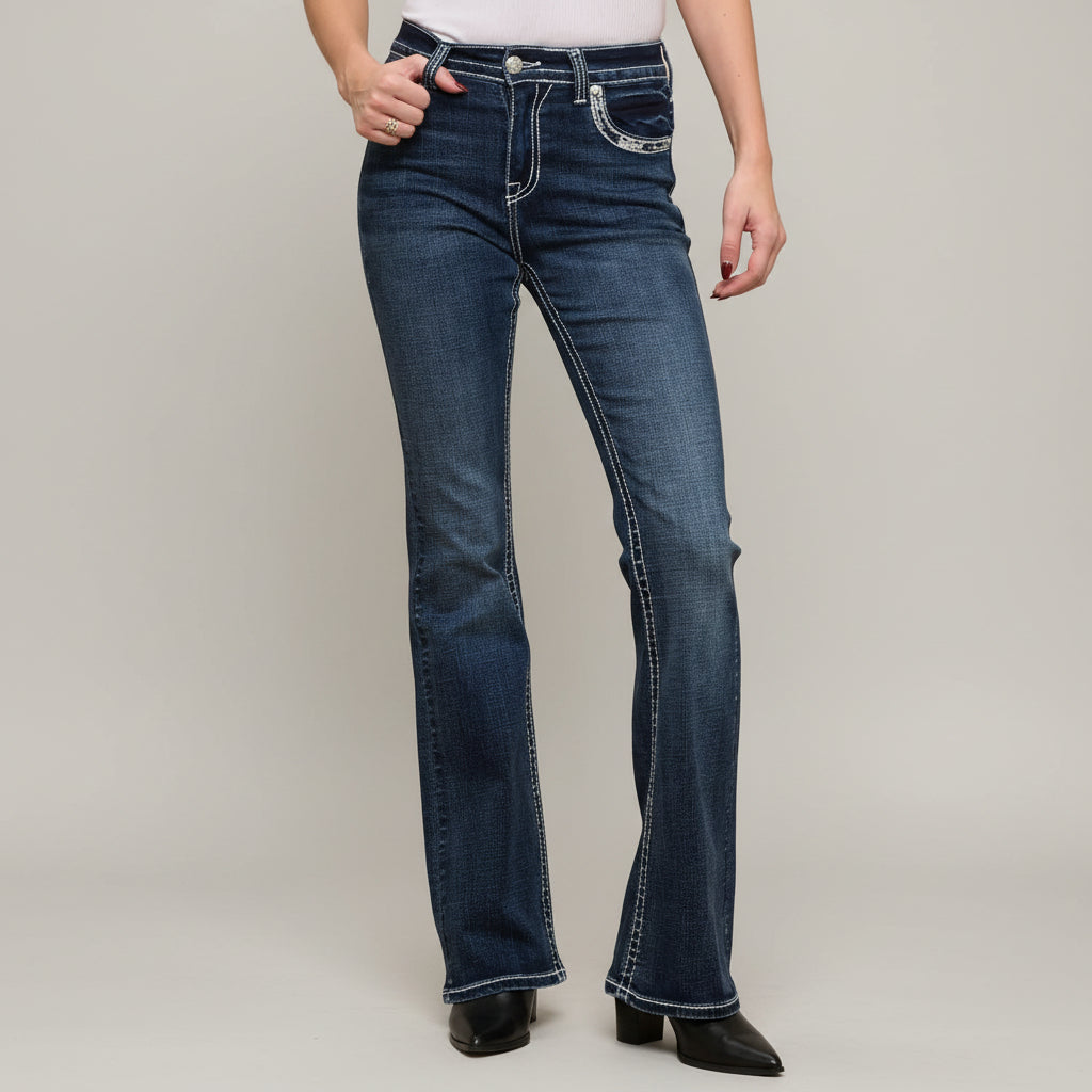 Skull Rider Women’s Bootcut Motorcycle Bling Jeans. High Waisted Embroidered Western Denim-2