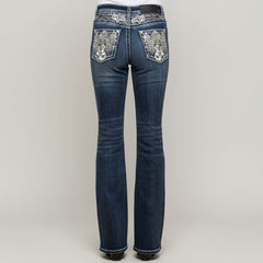 Skull Rider Women’s Music Note & Electric Guitar Bling Jeans. High Waisted Bootcut Western Denim-1