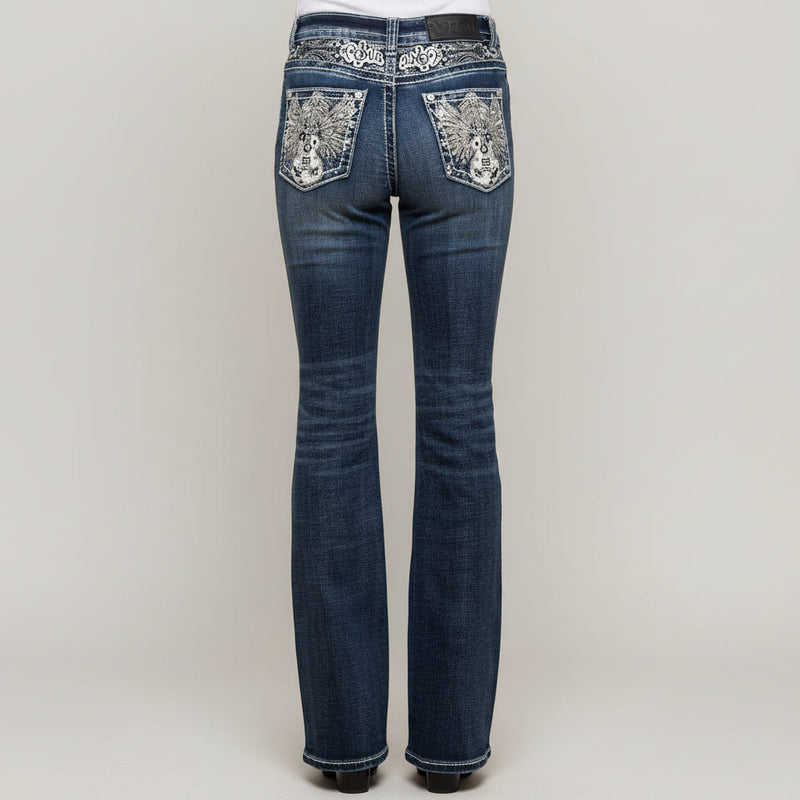 Skull Rider Women’s Music Note & Electric Guitar Bling Jeans. High Waisted Bootcut Western Denim-1